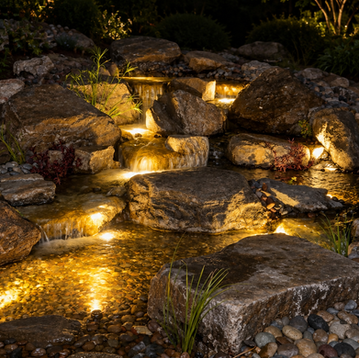 Dramatic beauty enhanced by a lighting package installed on this pondless waterfall in Moreno Valley, California.