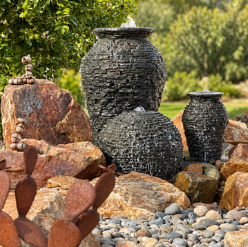 Stacked slate fountainscape trio installed in Moreno Valley, California