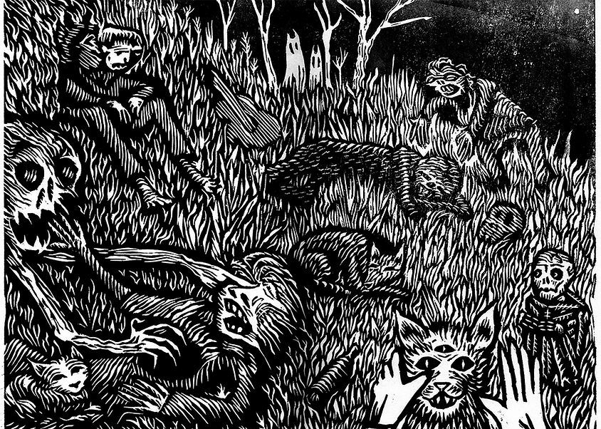 Printmaking Ecuador Leandro Lince Linocut South America Grabado linograbado thunder mitologia