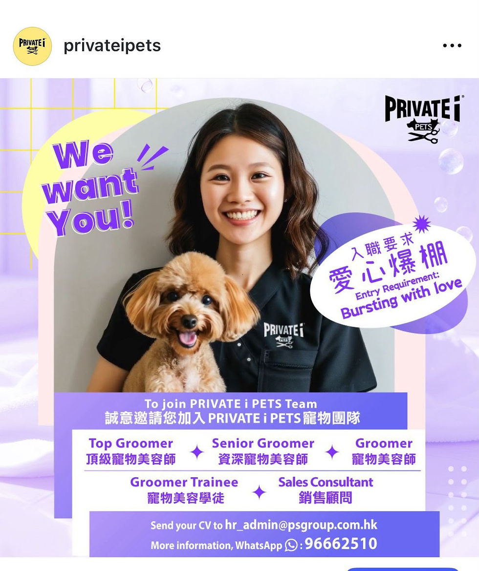 誠意邀請你加入Private i Pets 寵物美容團隊