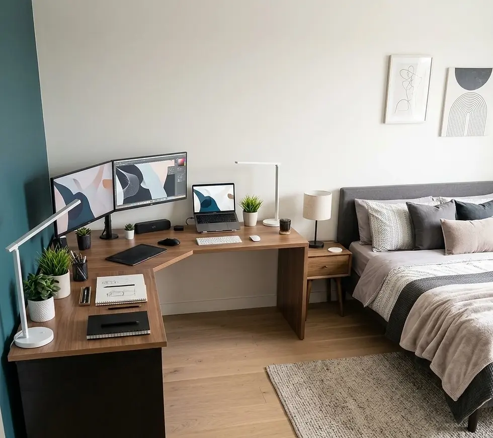 10x10 bedroom layout with L-shaped desk, work-from-home setup, and modern space-saving furniture