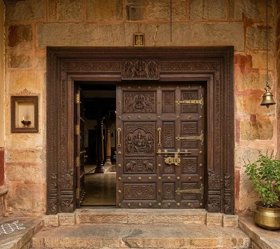 Traditional Chettinad wooden main door design with antique carvings