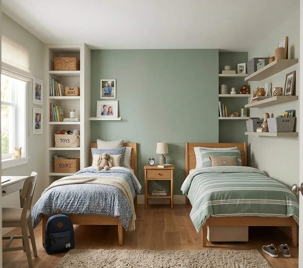 10x10 shared bedroom layout with twin beds, wall shelves, and smart storage solutions for kids
