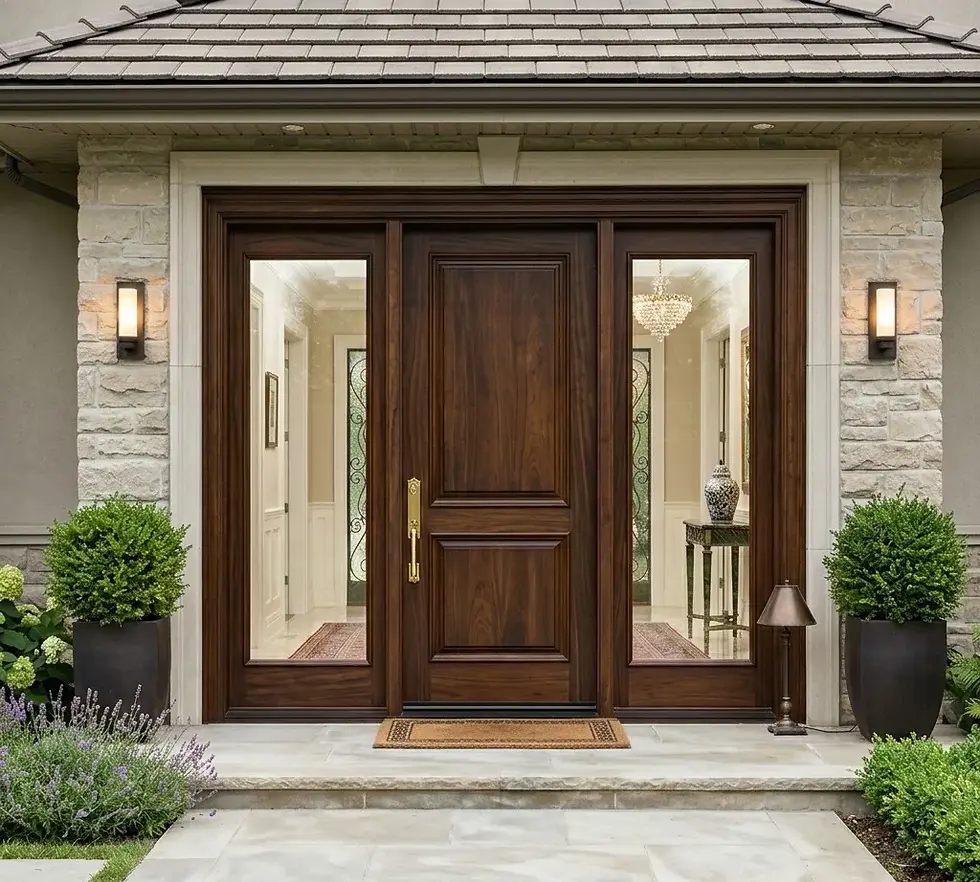 Main entrance door design with side glass panels for spacious home entrance
