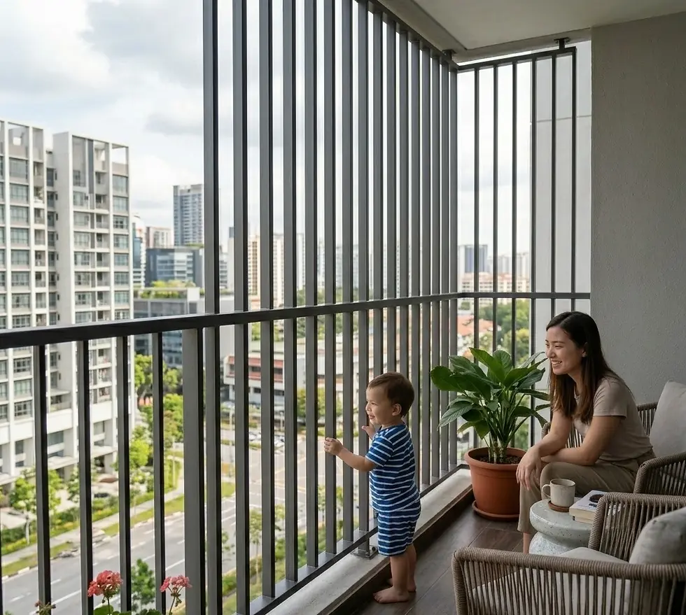 vertical slat balcony safety grill design for apartment with child-friendly railing system