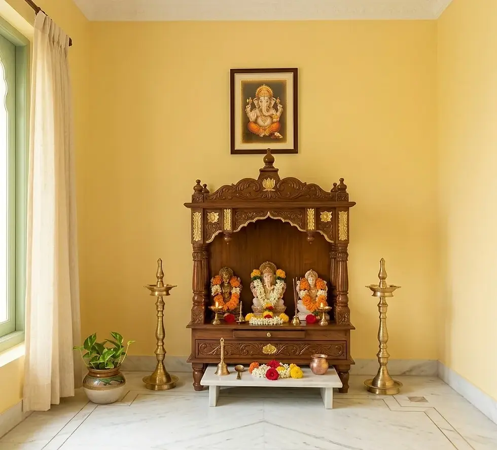 yellow pooja room color as per vastu with wooden mandir and traditional decor in Indian home