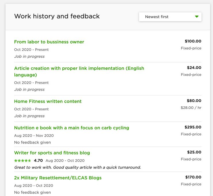 work history and feedback - Upwork