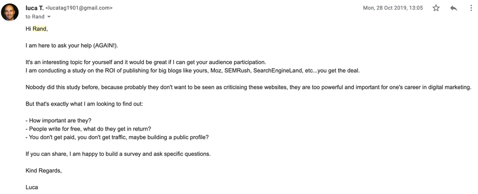 Luca's third email to Rand - ROI of guest posting