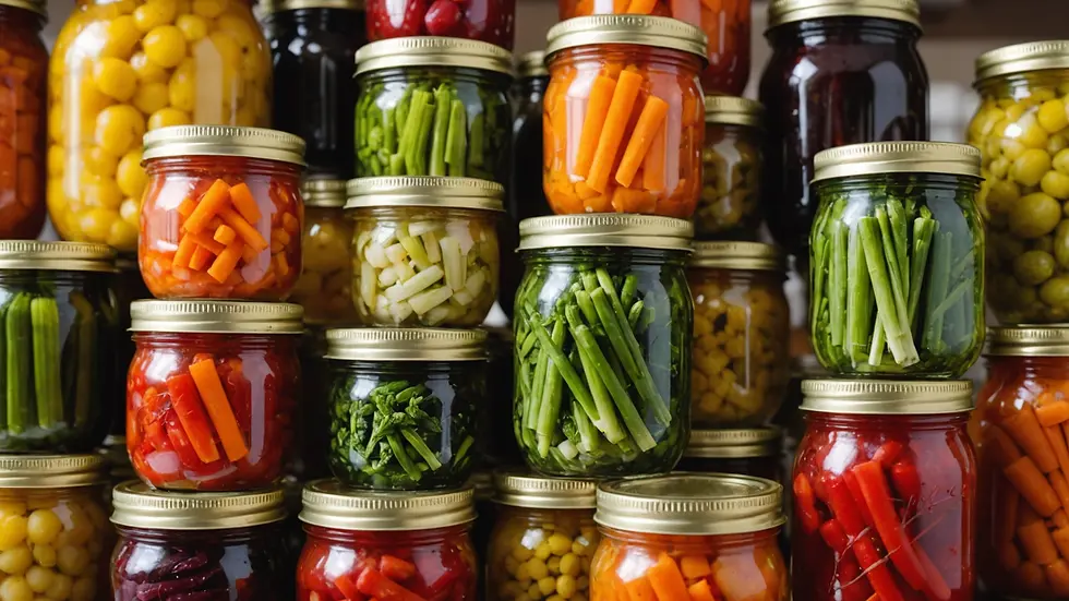 Close-up of colorful assorted fermented vegetables in jars