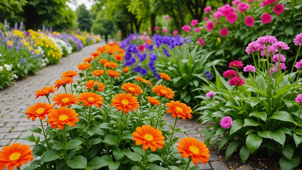 Close-up view of vibrant flowers lining a walking path
