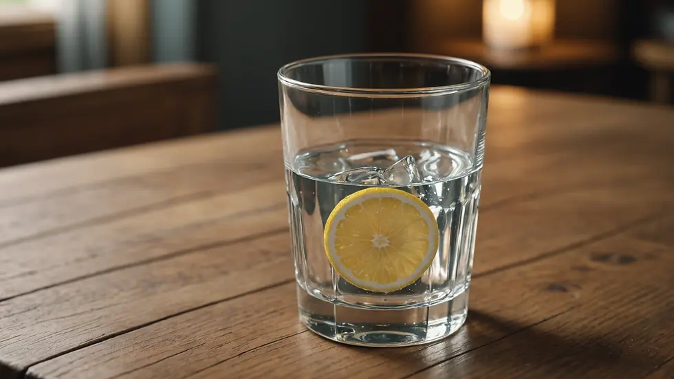 Close-up view of a glass of fresh water on a wooden table