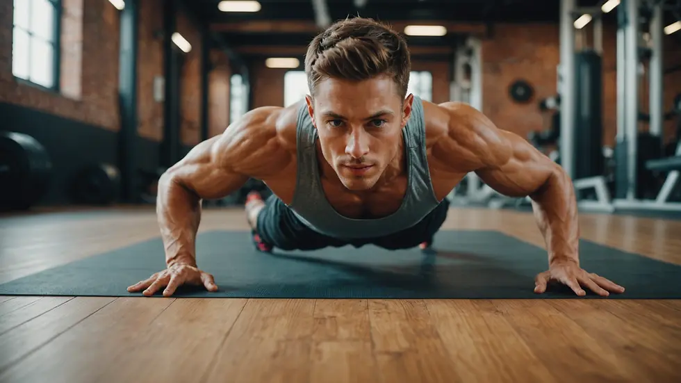 Eye-level view of a person demonstrating a plank position in a gym