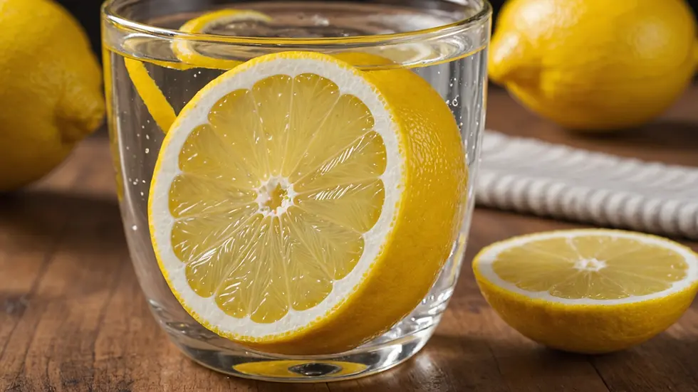 Close-up of a lemon sliced in half next to a warm cup of water