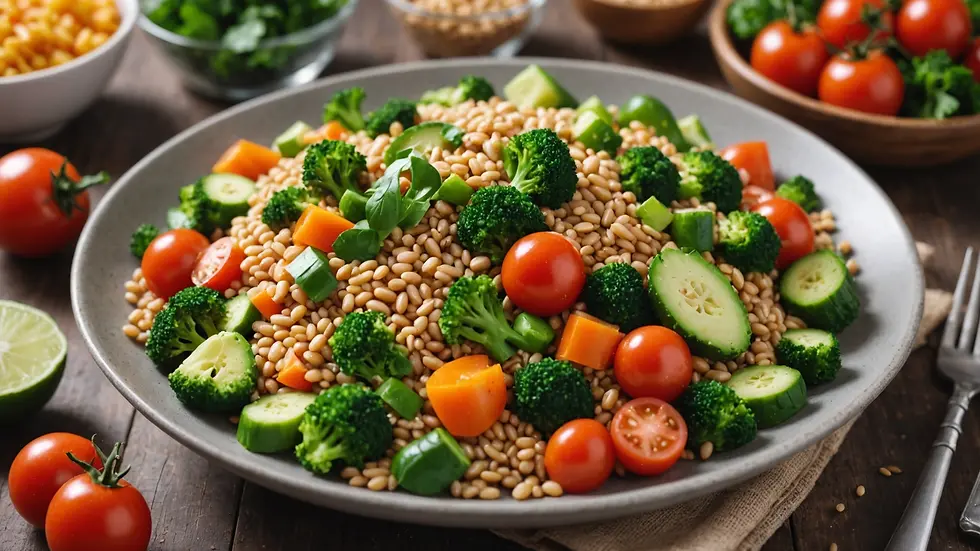 Close-up view of a healthy meal with grains and fresh vegetables
