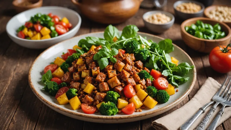 Eye-level view of a beautifully arranged vegan dish on a rustic wooden table