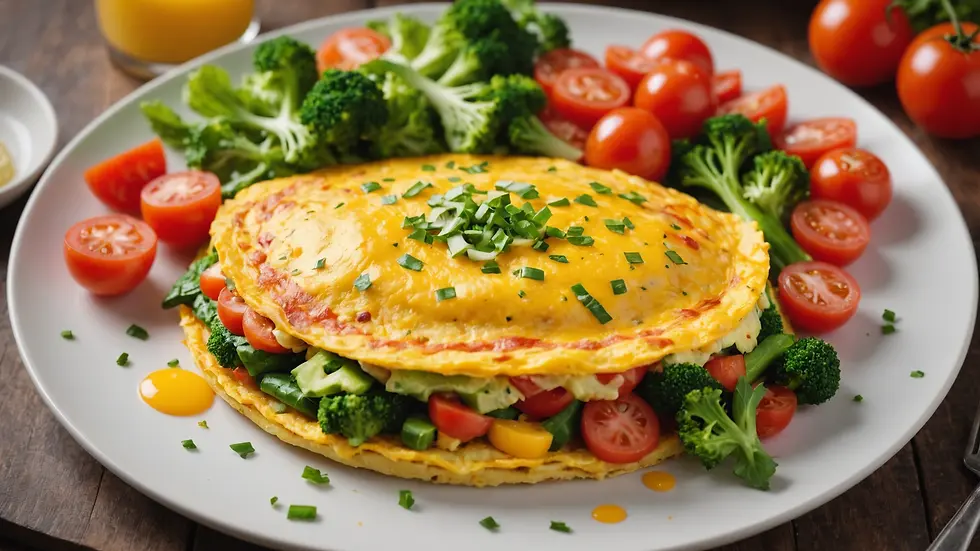 Eye-level view of a vibrant omelet loaded with vegetables on a plate