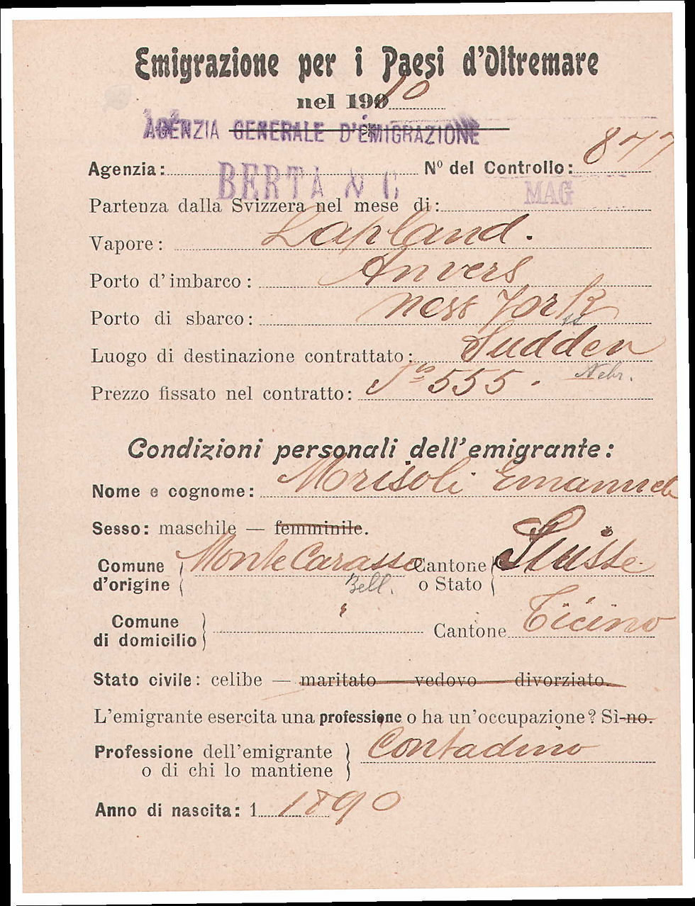 Emanuele, Overseas Emigration (1910)