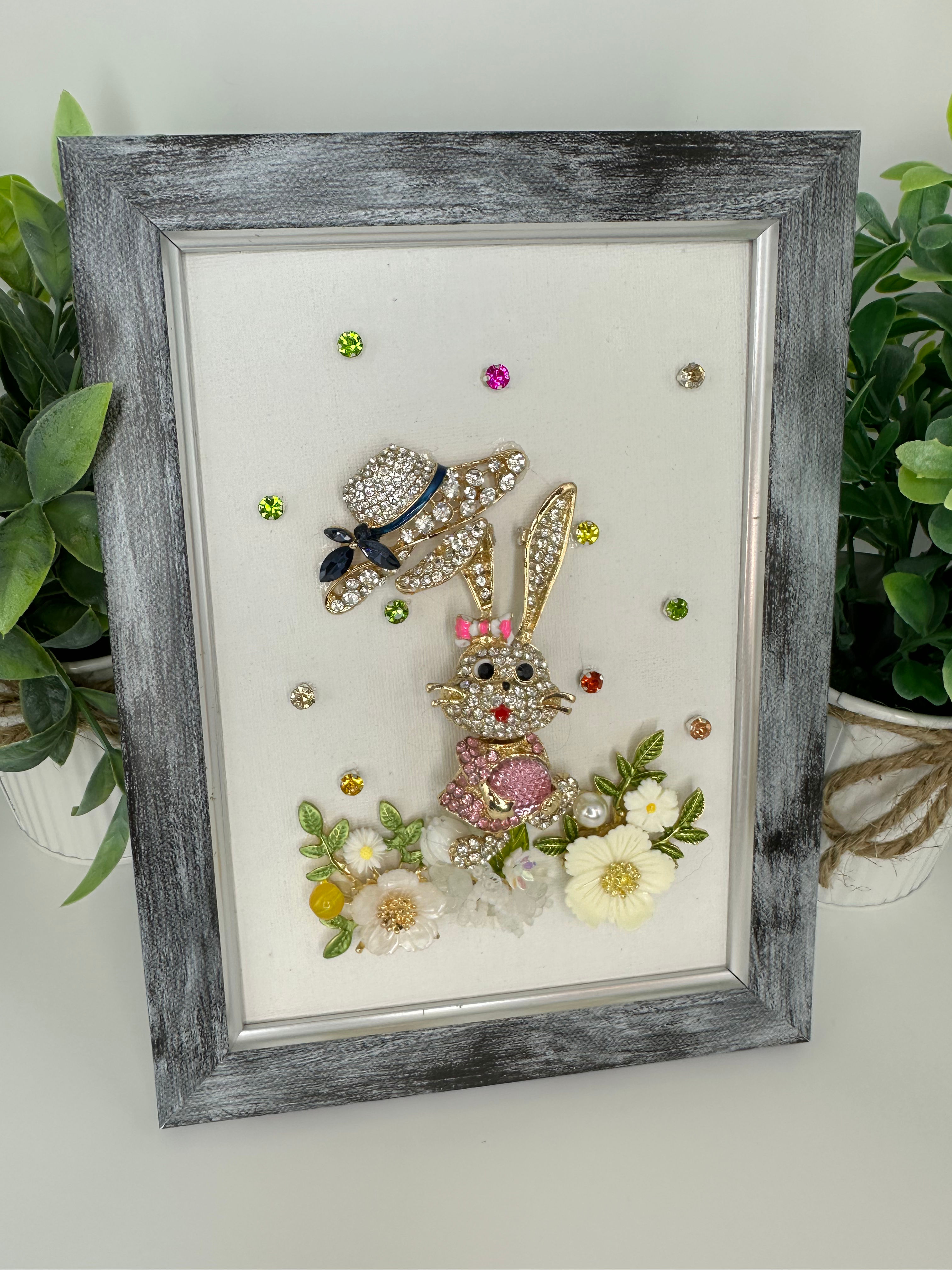 Pink Bunny with Hat, White flowers and tiny beds