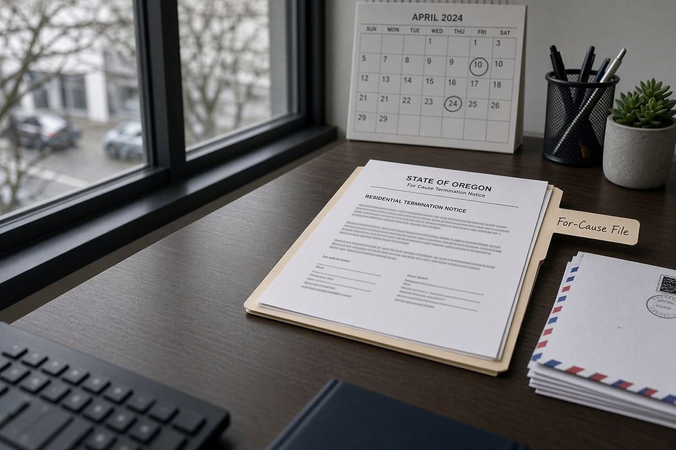 Portland landlord desk with a for-cause termination file, calendar dates, and first-class envelopes.