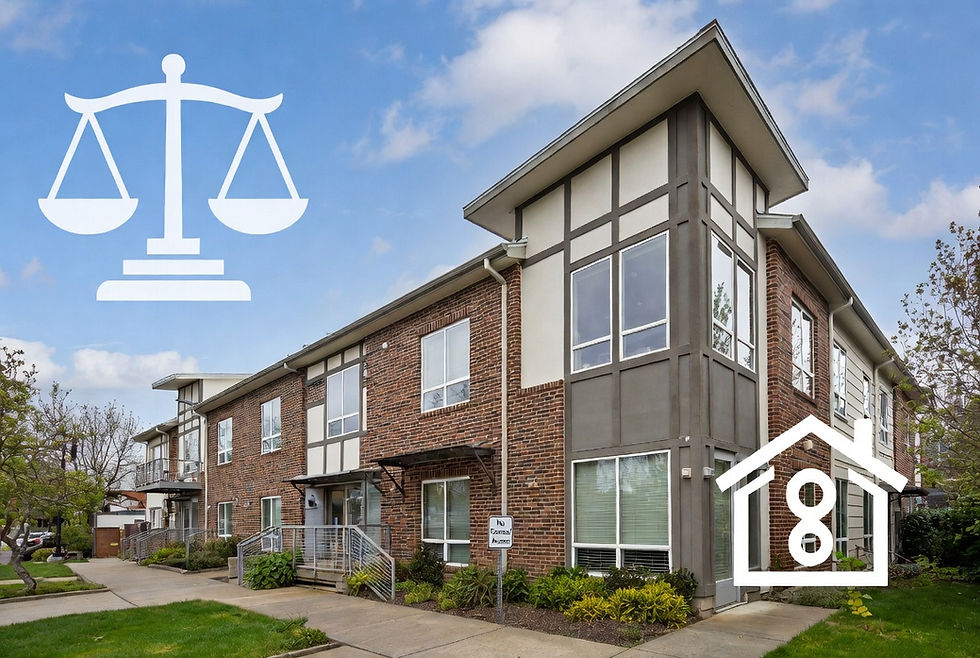 Portland apartment building with justice symbols representing NY Section 8 ruling impact on Oregon landlords