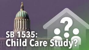 Oregon Capitol with gold pioneer and child care family icon illustrating SB 1535 study proposal.