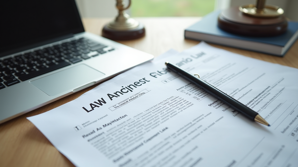 High angle view of a desk with legal documents and a laptop