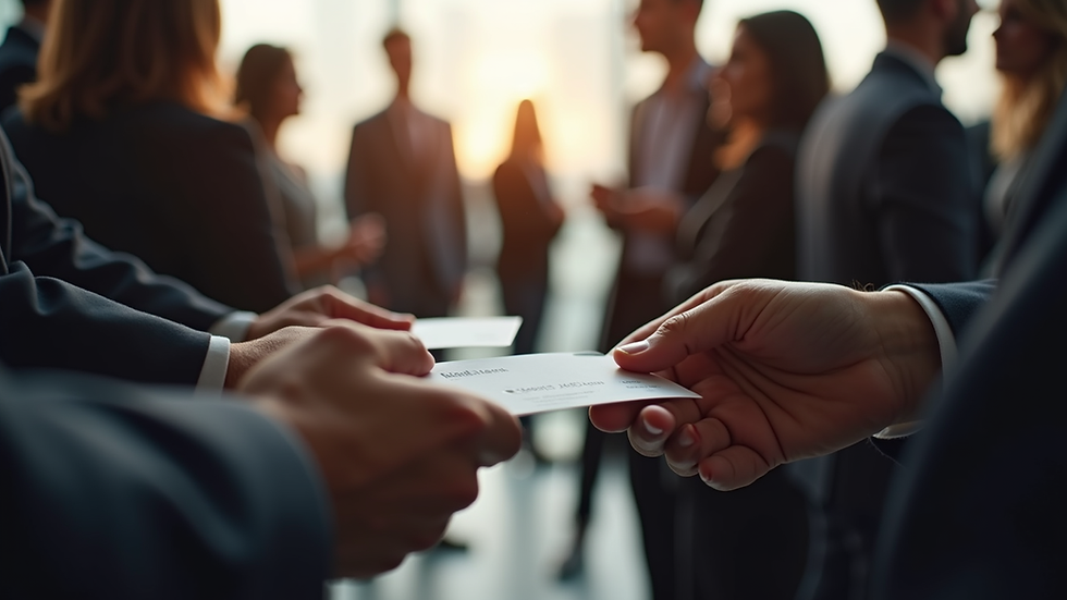 Eye-level view of a real estate networking event with investors exchanging business cards