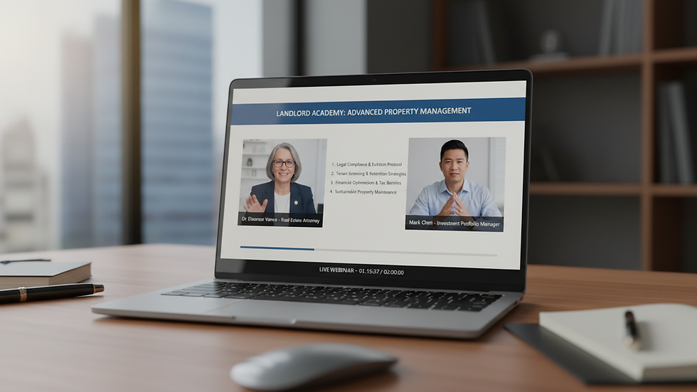 Close-up view of a laptop screen showing a landlord education webinar