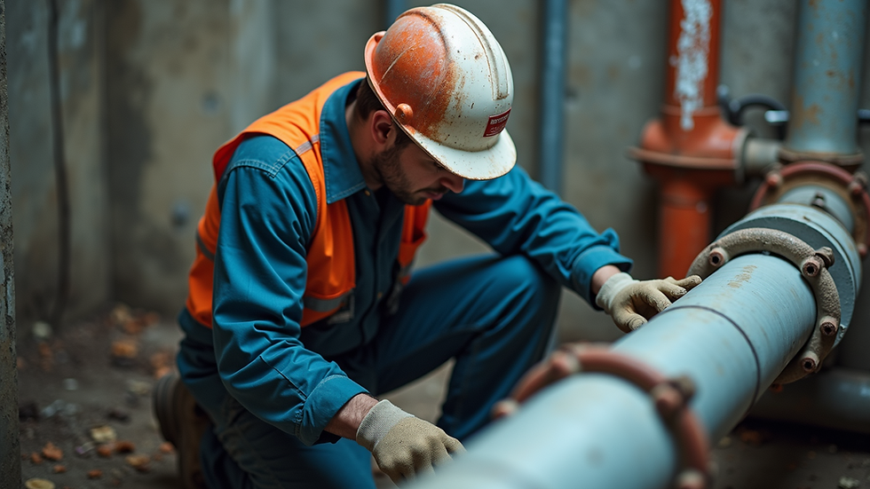 High angle view of a maintenance worker fixing a water pipe
