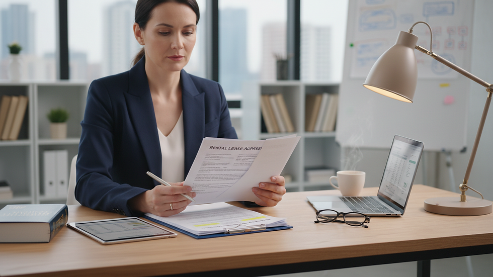 Close-up view of a landlord reviewing rental documents at a desk