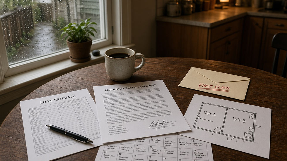 Kitchen table with a loan estimate, a rental agreement, and a two-unit sketch for an owner-occupied Portland rental.