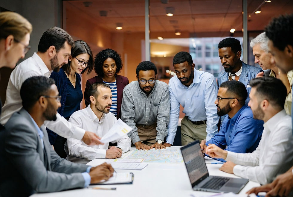 Group of Portland landlords discussing Portland tenant protection laws study at a meeting table with documents.