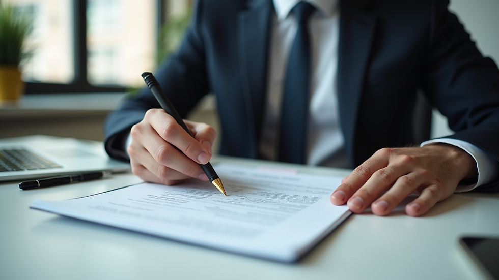 Close-up view of a landlord reviewing rental documents at a desk