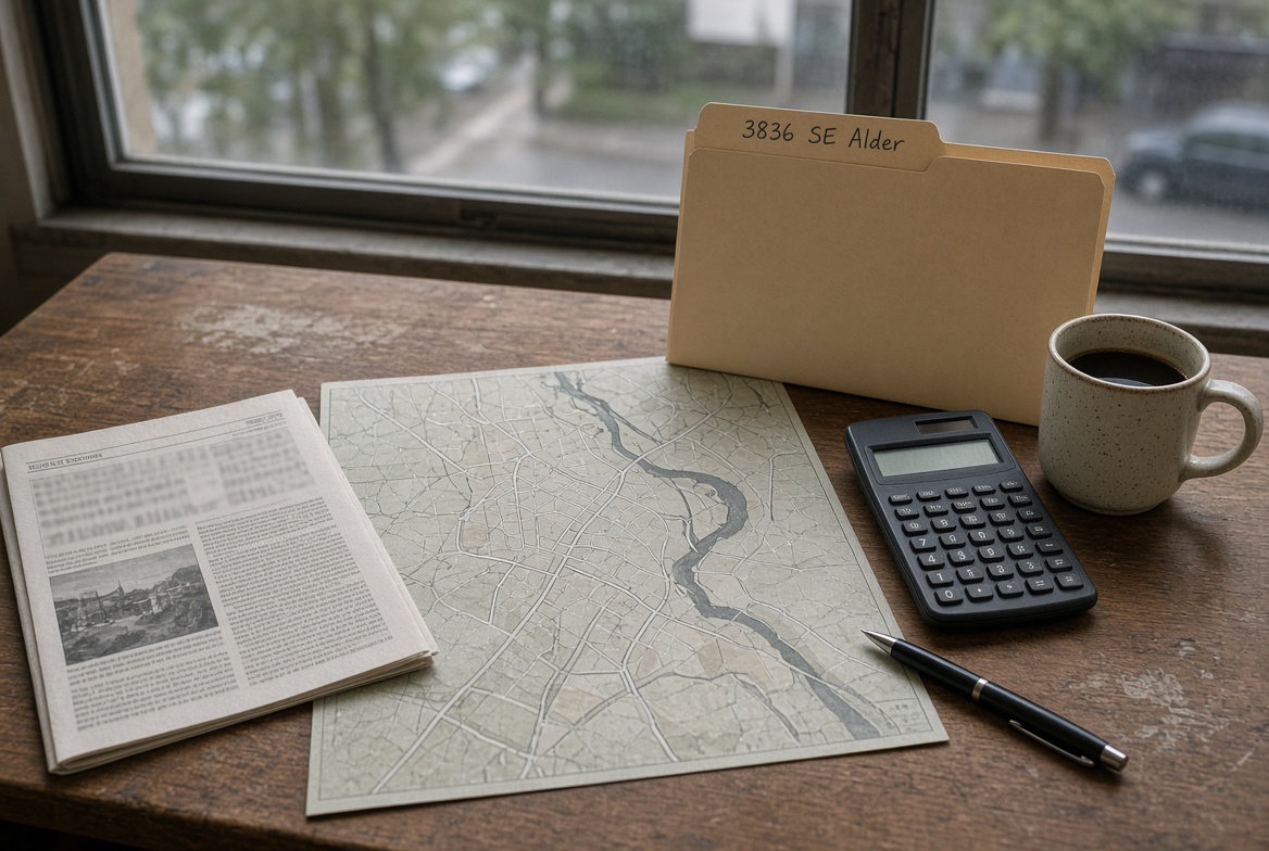 Portland landlord desk with a scattered-site rental file, inner Southeast map, and repair notes.