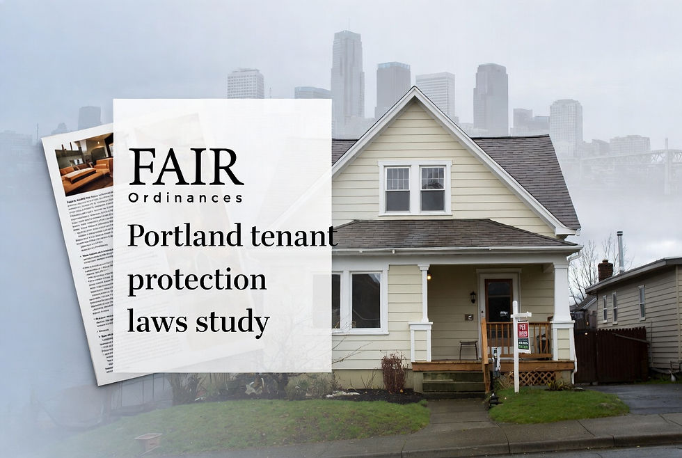 Portland single-family rental home with Portland tenant protection laws study documents overlay representing the FAIR ordinances and relocation assistance review.