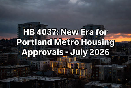Thumbnail image for blog post on HB 4037 land use reforms showing Portland skyline with new housing development highlights and article title overlay.