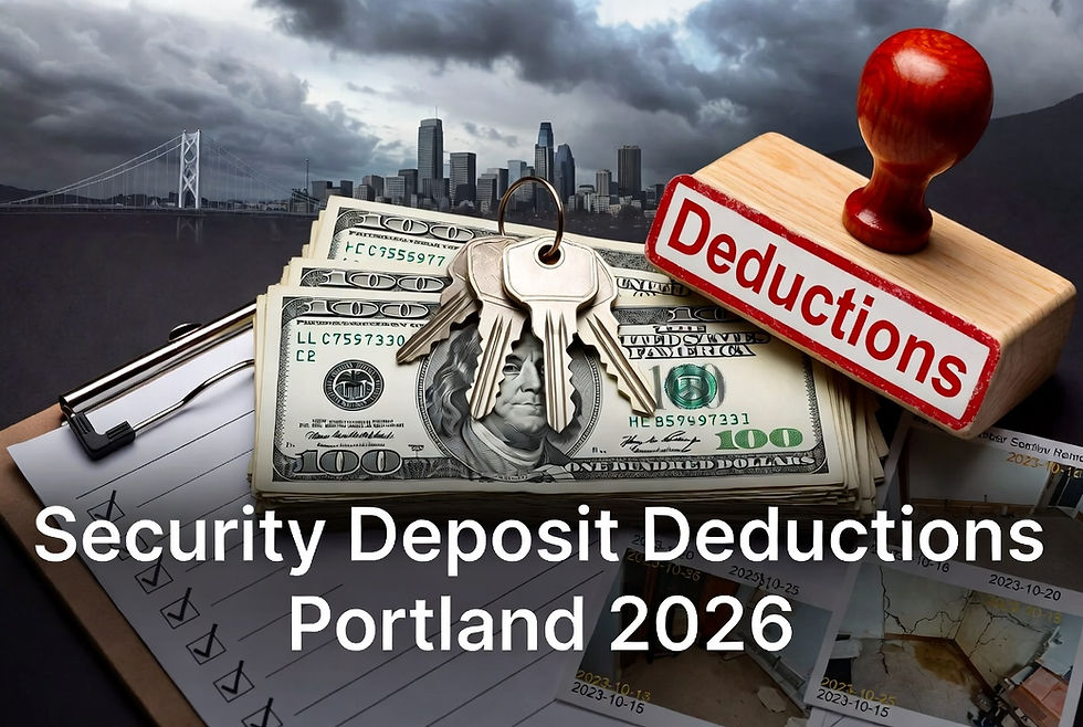 Thumbnail for 2026 Portland security deposit deductions guide showing money, keys, and inspection photos