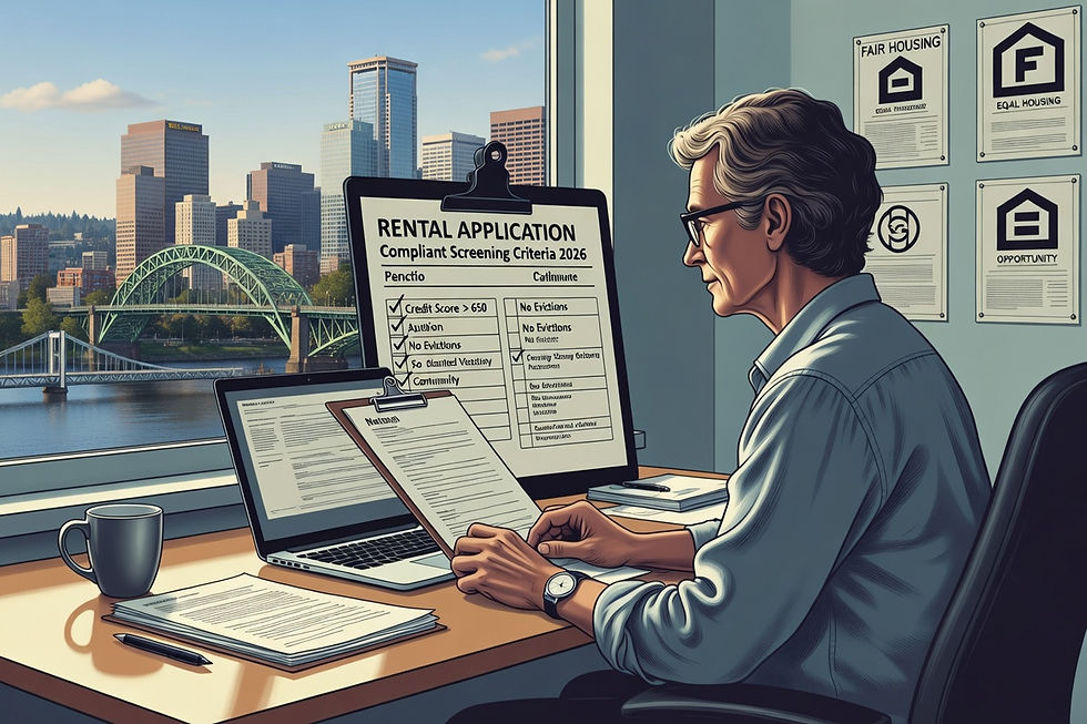 Portland landlord reviewing tenant screening documents and criteria checklist in 2026 office setting