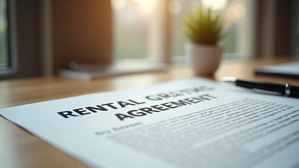 Eye-level view of a rental agreement document on a wooden desk