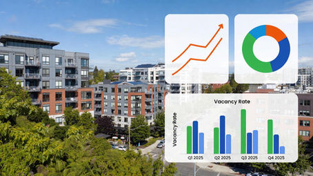 Infographic titled “Oregon Rental Market • October 2025” showing a vibrant aerial view of modern Portland apartment buildings surrounded by green trees under a blue sky. Overlaid bold charts in orange, teal, and white highlight key stats: statewide median rent $1,462 with −1.3 % year-over-year decline (first negative since 2020), vacancy rate at 6.2 %, days on market 31.7, and city breakdowns (Portland metro −1.4 %, Bend −3.1 %, Eugene +4.6 %). Large headline text reads “The Fever Has Broken” with supporting bar graphs and trend lines illustrating the post-pandemic cooldown.