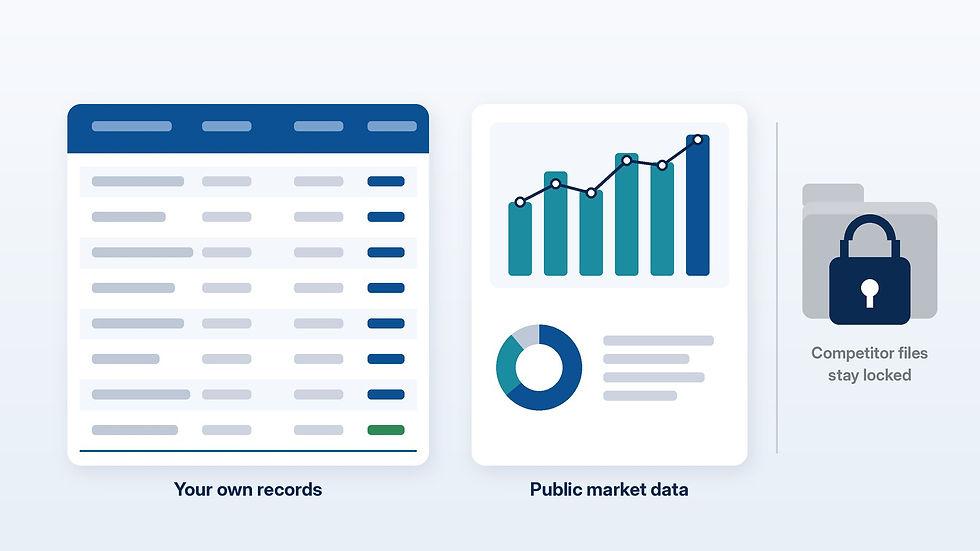 Illustration of a landlord's own rent ledger and public market data charts, with a separate competitor files folder locked away