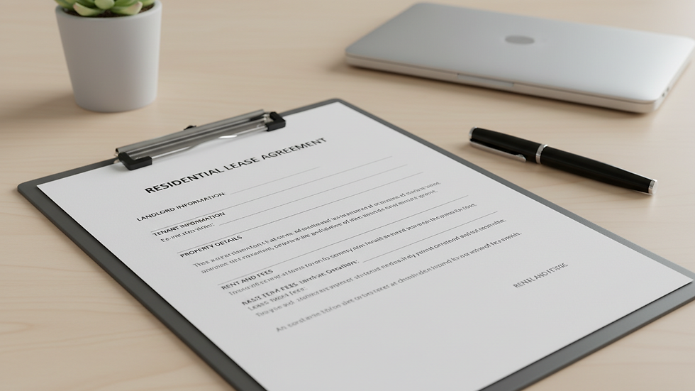 Close-up view of a rental property lease agreement on a clipboard