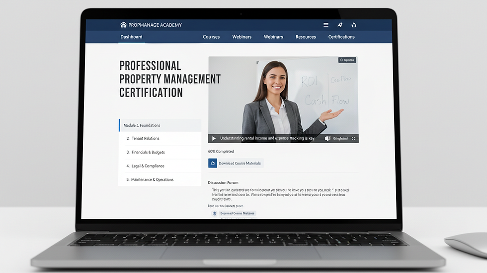 Close-up view of a laptop screen showing an online property management course