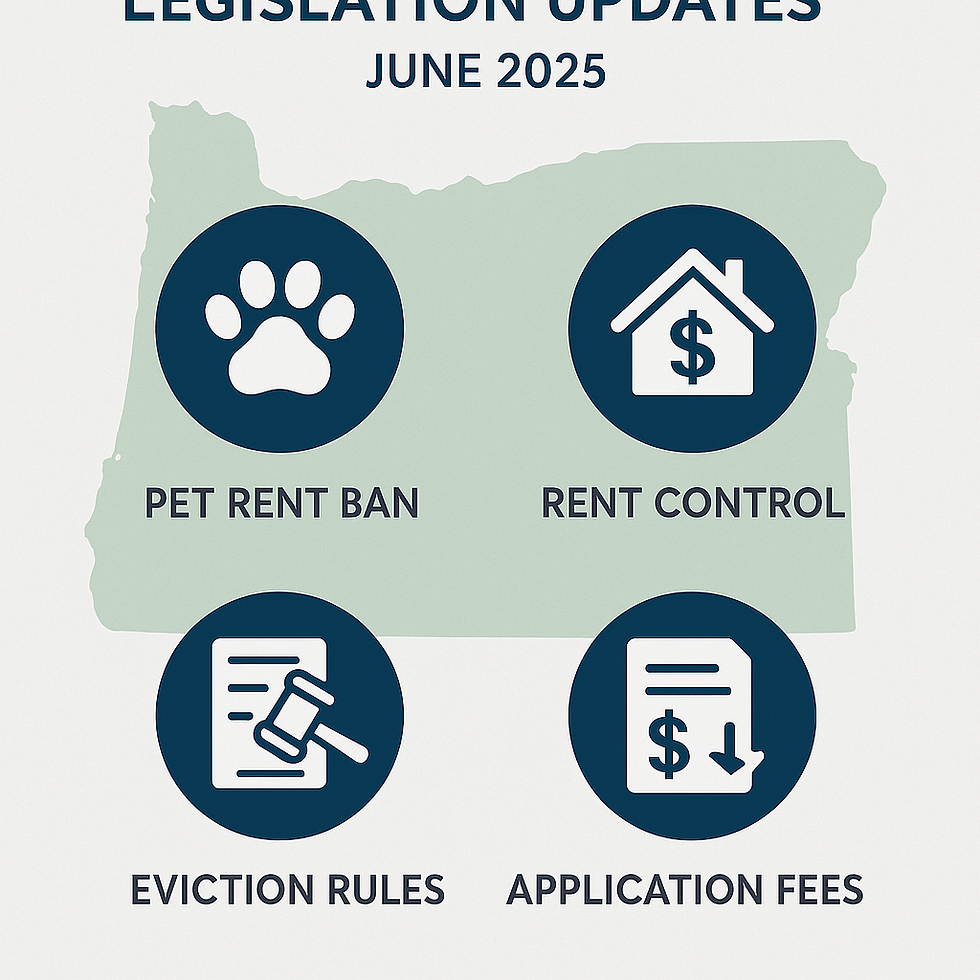 An infographic-style image showing Oregon landlord legislation updates in June 2025. Include icons representing key bills such as pet rent bans, rent control, eviction rules, and application fee changes. Use a clean, professional layout with a map of Oregon in the background and legislative icons overlayed.
