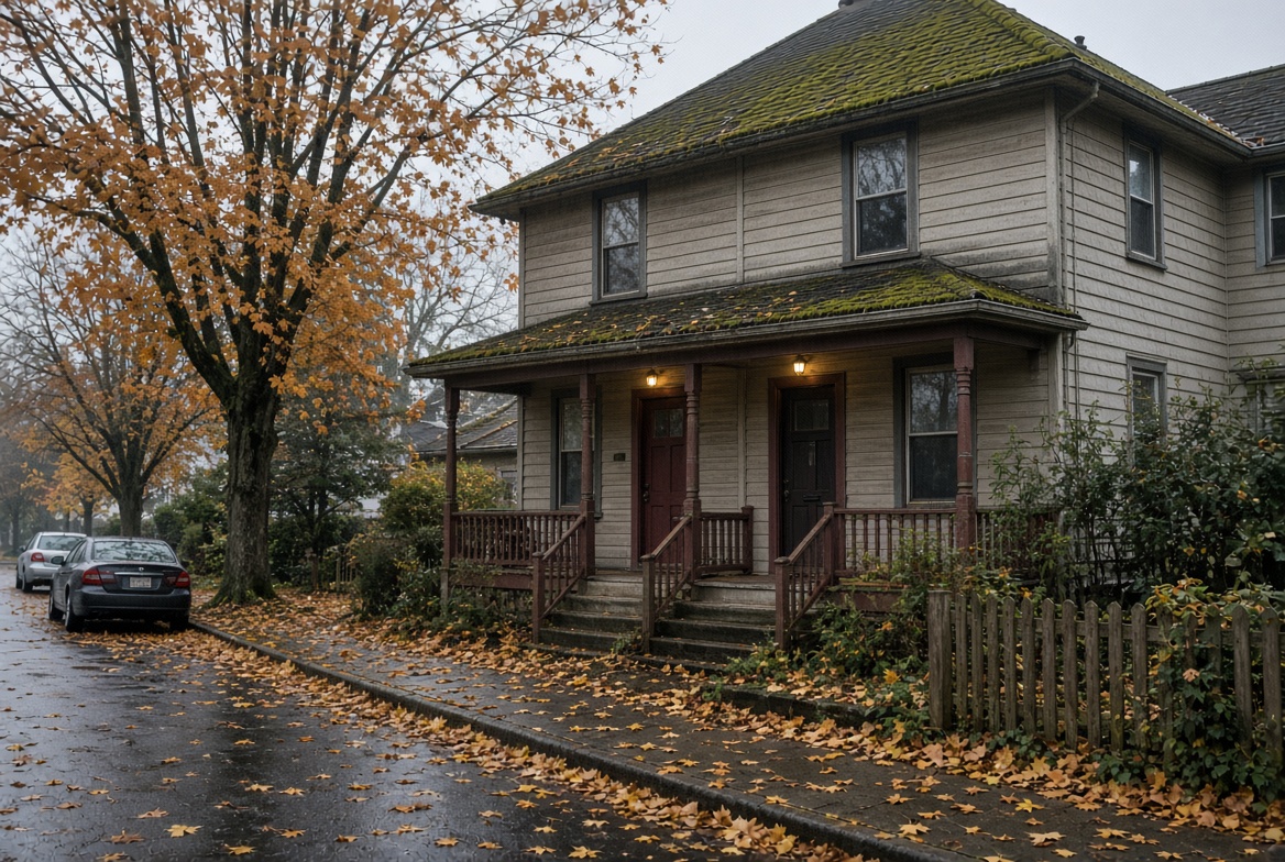 Older Portland duplex on a wet inner-Southeast street, the kind of small rental in the REACH scattered-site sale.