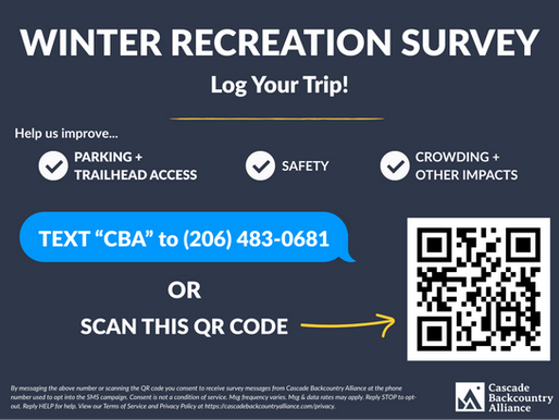 Cascade Backcountry Alliance sign with QR code to take our Snoqualmie Pass survey