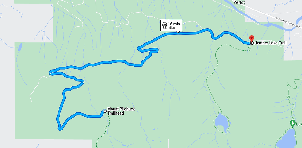 A screenshot from Google Maps showing the distance from Heather Lake to the summer trailhead on Mt. Pilchuck.