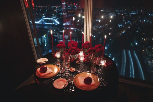 Classic red proposal set up. Private dining room set up for marriage proposals.