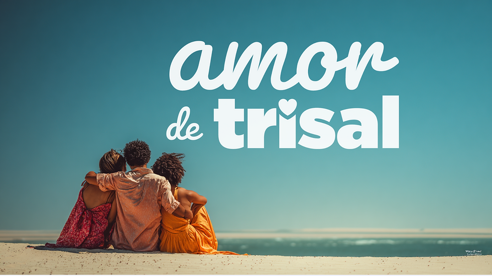 Trisal abraçado na praia ao pôr do sol, expressando amor, liberdade e conexão no estilo do reality Terceira Metade