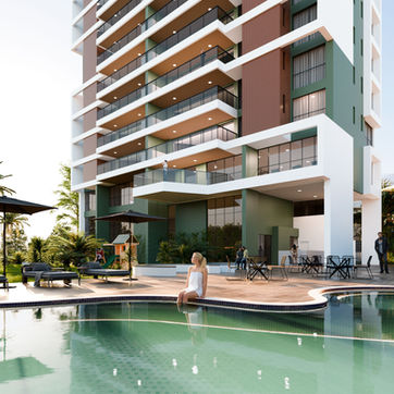 Imagem 3D de uma área de lazer com piscina - Edifício moderno com piscina e área de lazer. Uma mulher de pele clara, cabelos loiros de comprimento médio, usando um vestido branco simples, senta-se na borda de uma piscina de formato irregular na parte inferior da imagem. Ela está localizada à direita, no centro da composição, e tem uma postura relaxada, olhando para a frente, de frente para o observador. A perspectiva é do nível da piscina, com foco na mulher e na área ao redor. A piscina tem água verde-esmeralda e azulejos claros, e o fundo é composto por um deck de madeira escura. Há uma área de jantar com mesas e cadeiras pretas ao redor da piscina. O edifício de estilo contemporâneo, com fachada em tons de branco, marrom e azul-petróleo, ocupa a maior parte do fundo. Várias janelas grandes e varandas são visíveis no edifício alto. A luz é natural e suave, sugerindo um dia ensolarado. O estilo é arquitetônico, moderno e aconchegante. Há vegetação ao fundo e outros elementos paisagísticos, como guarda-sóis e áreas de estar ao redor da piscina. Há outras pessoas na cena, mas a mulher sentada à beira da piscina é o foco principal. A composição é equilibrada e focada na área de lazer do edifício. A atmosfera é serena e convidativa.